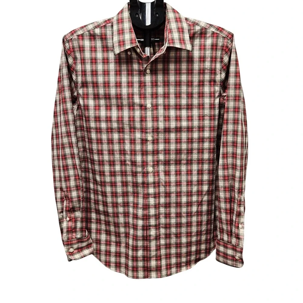J.CREW Slim Fit Men's Medium Flannel Shirt Red Black White Tartan Plaid‎ L/S EUC
